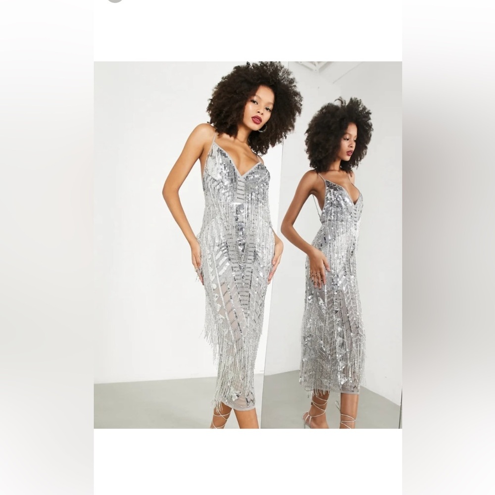 ASOS DESIGN silver fringe midi dress